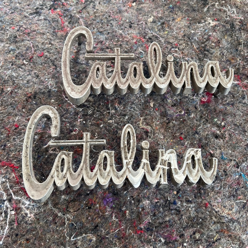 VTG 1966 Pontiac Catalina Script Emblem Chrome #9783495, 7x3.5”